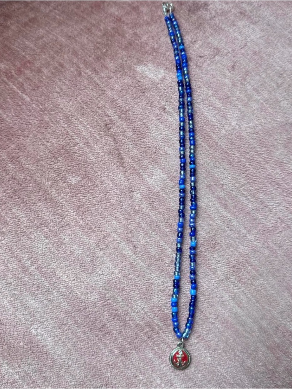 blue glass beaded handmade necklace with vintage anchor charm